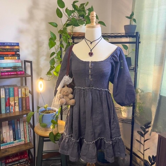 Free People Smocked Babydoll Dress Size Small Cottage Boho‎ Fairy - Picture 2 of 8